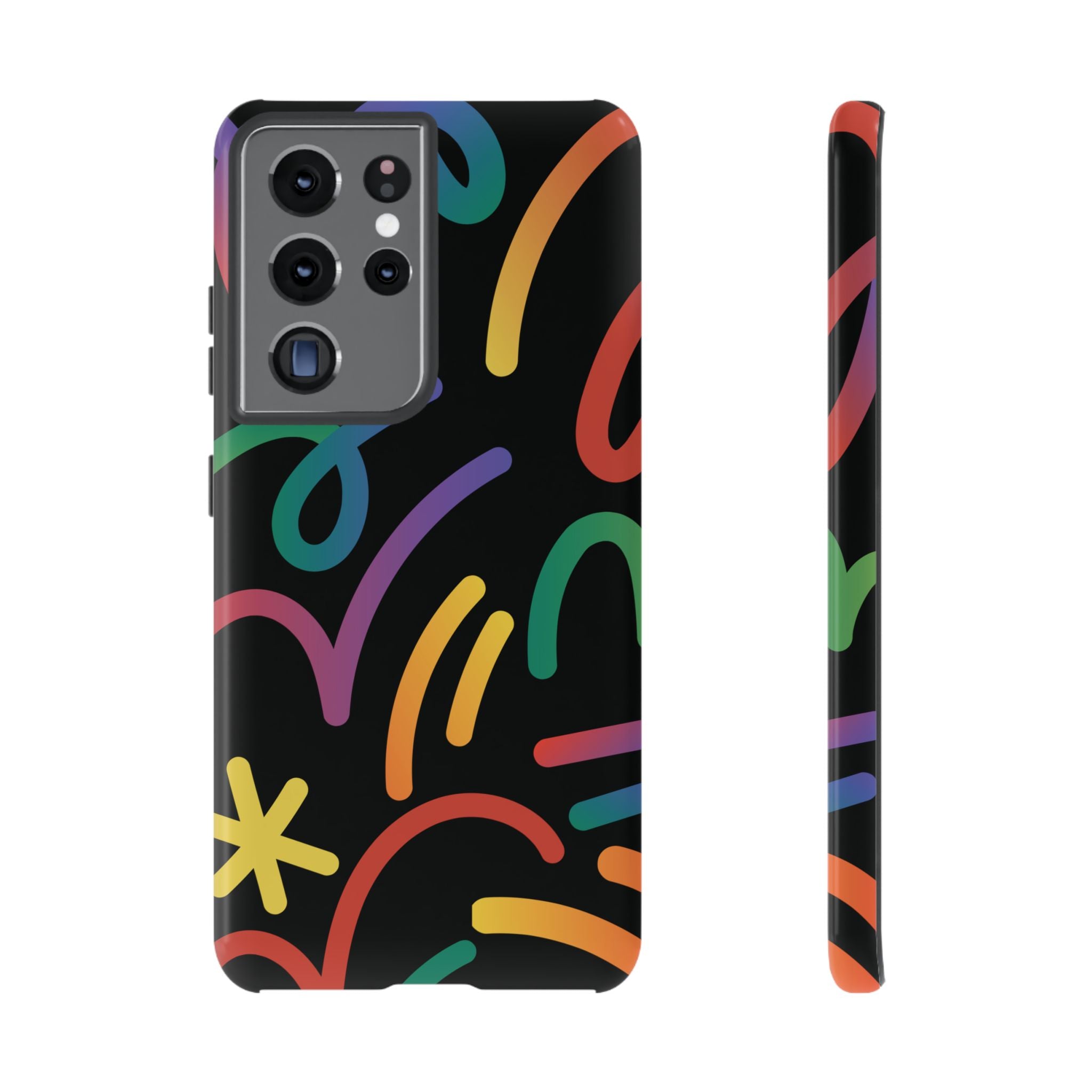 Colorful Doodle Tough Phone Case — Black Background Protective Cover