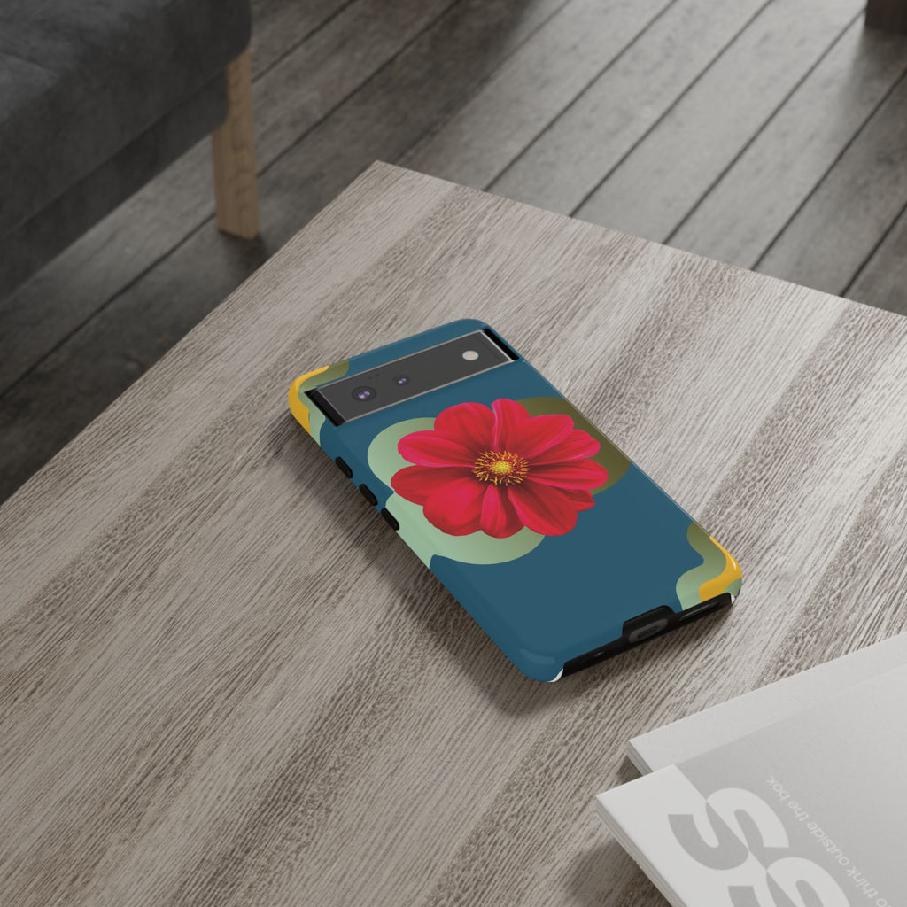 Floral Burst Tough Phone Case — Red Flower on Teal Protective Cover