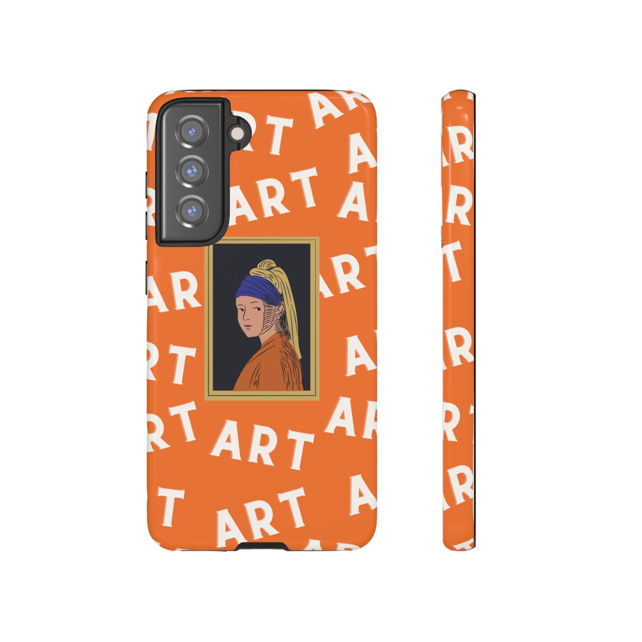 Bold Orange "ART" Pattern with Framed Girl with Pearl Earring Illustration
