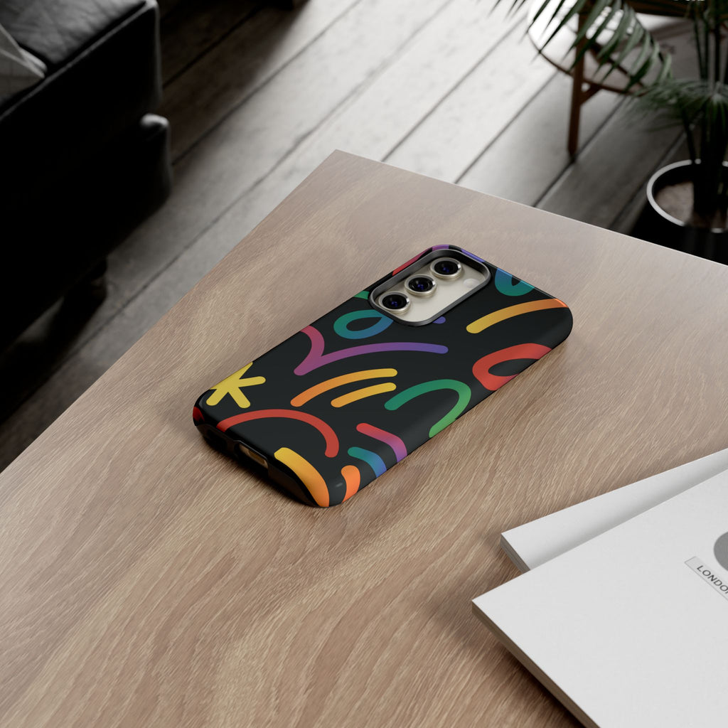 Colorful Doodle Tough Phone Case — Black Background Protective Cover