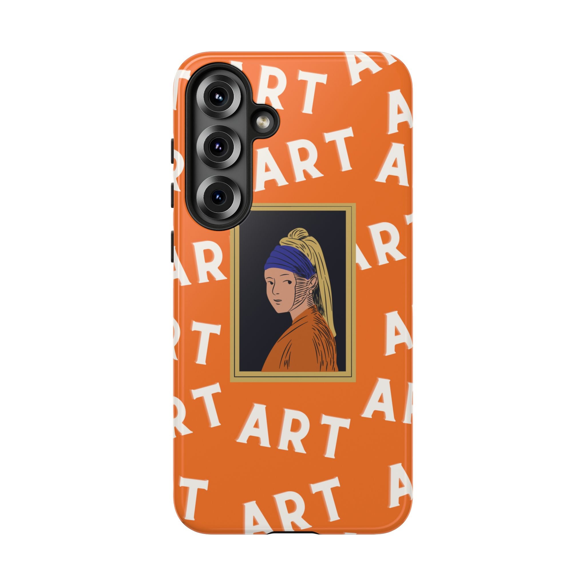 Bold Orange "ART" Pattern with Framed Girl with Pearl Earring Illustration