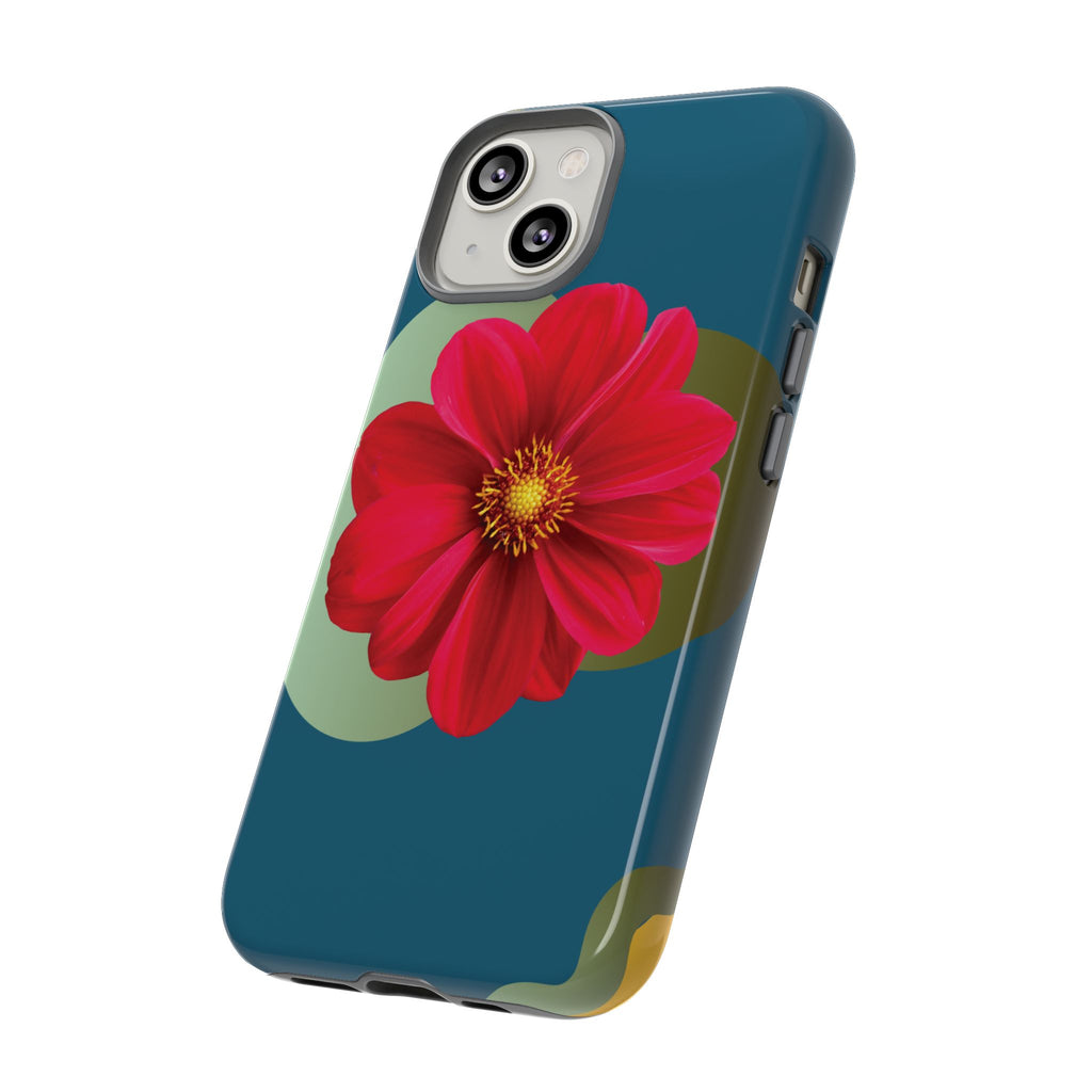 Floral Burst Tough Phone Case — Red Flower on Teal Protective Cover