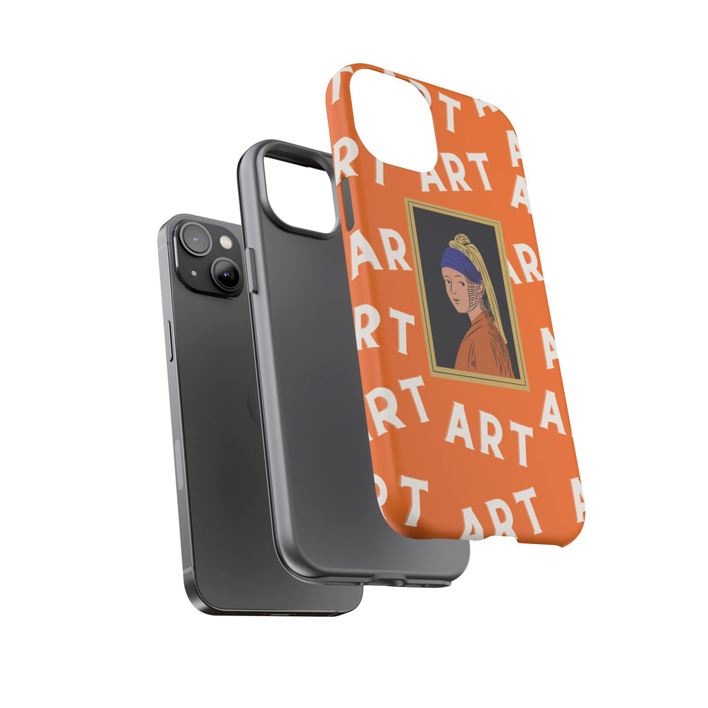 Bold Orange "ART" Pattern with Framed Girl with Pearl Earring Illustration