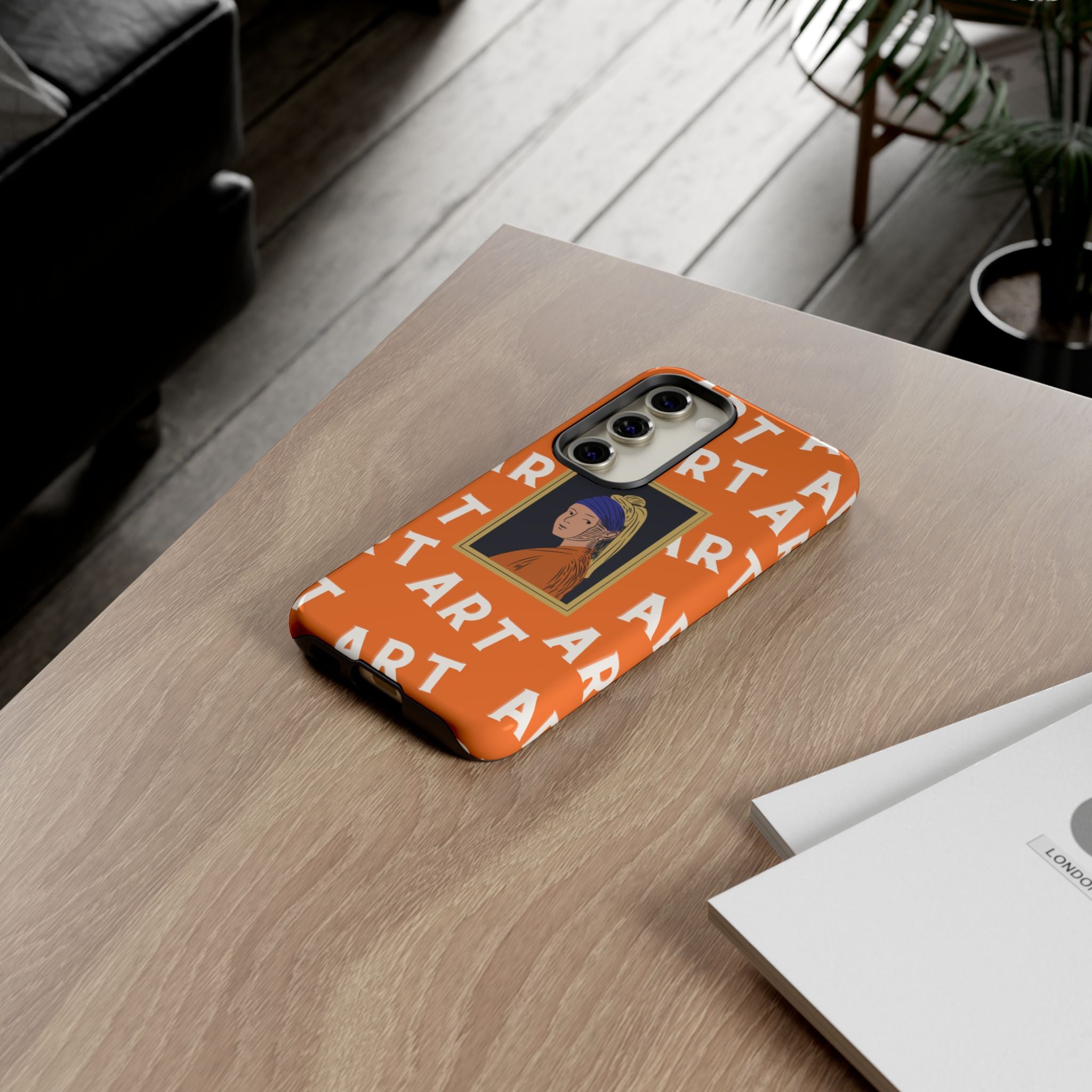Bold Orange "ART" Pattern with Framed Girl with Pearl Earring Illustration