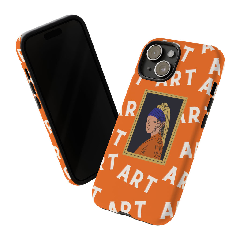 Bold Orange "ART" Pattern with Framed Girl with Pearl Earring Illustration