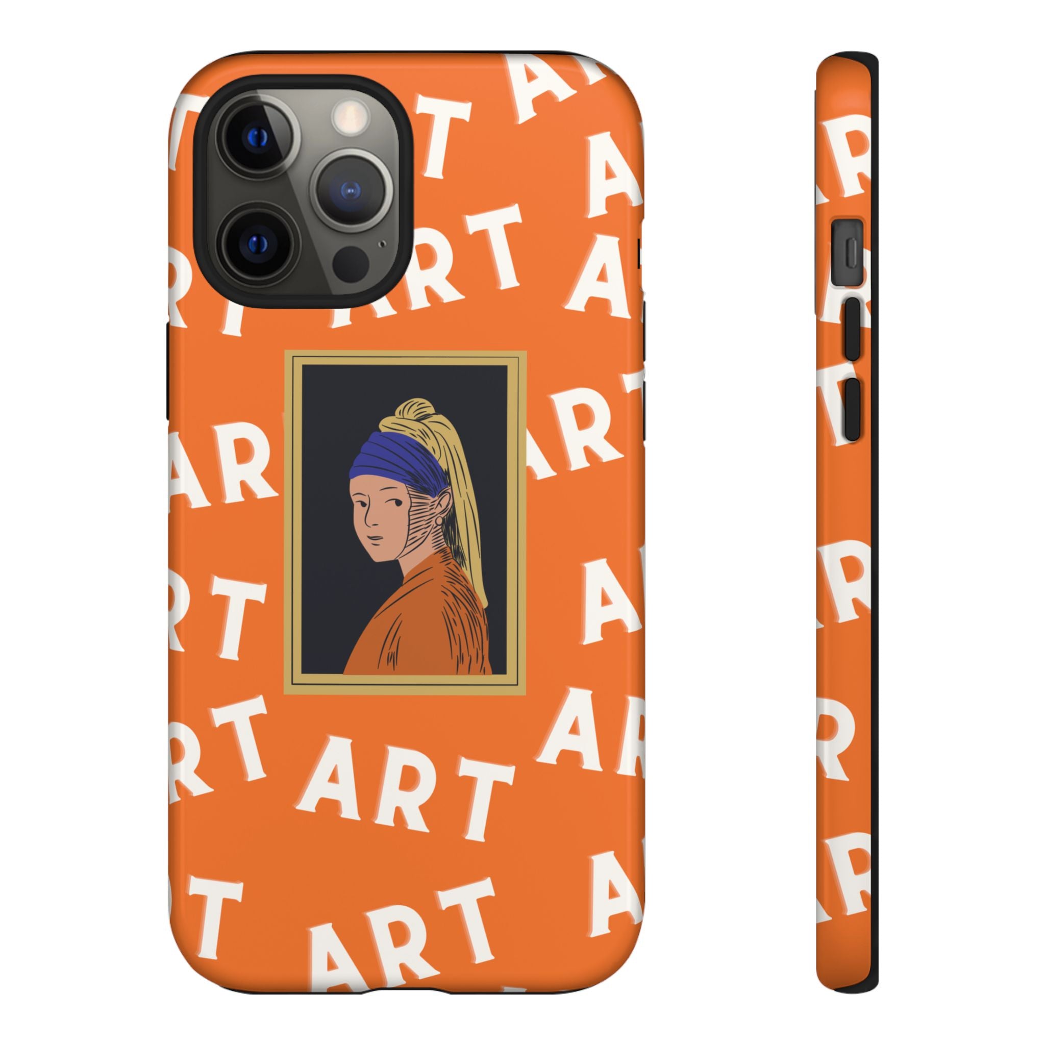 Bold Orange "ART" Pattern with Framed Girl with Pearl Earring Illustration