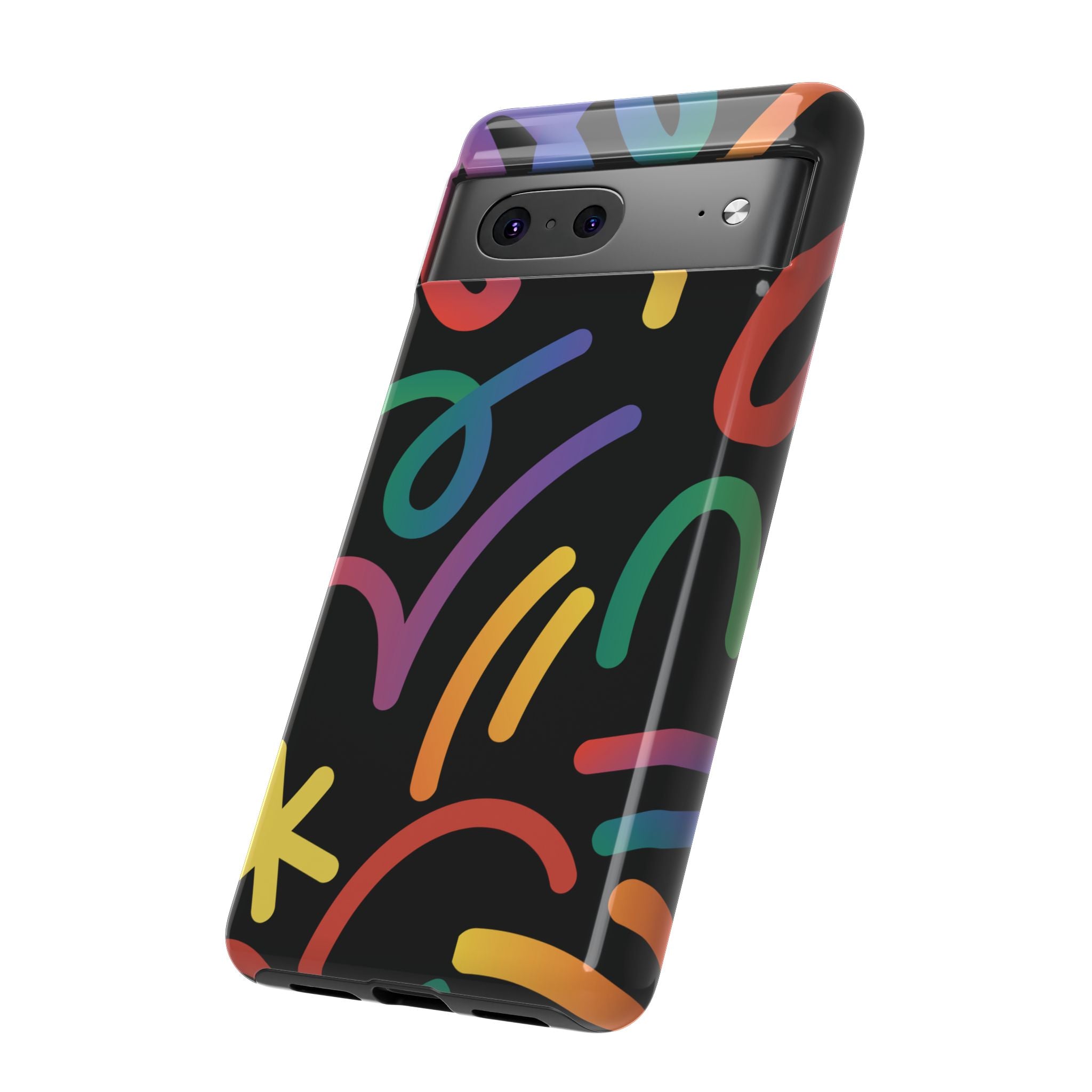 Colorful Doodle Tough Phone Case — Black Background Protective Cover