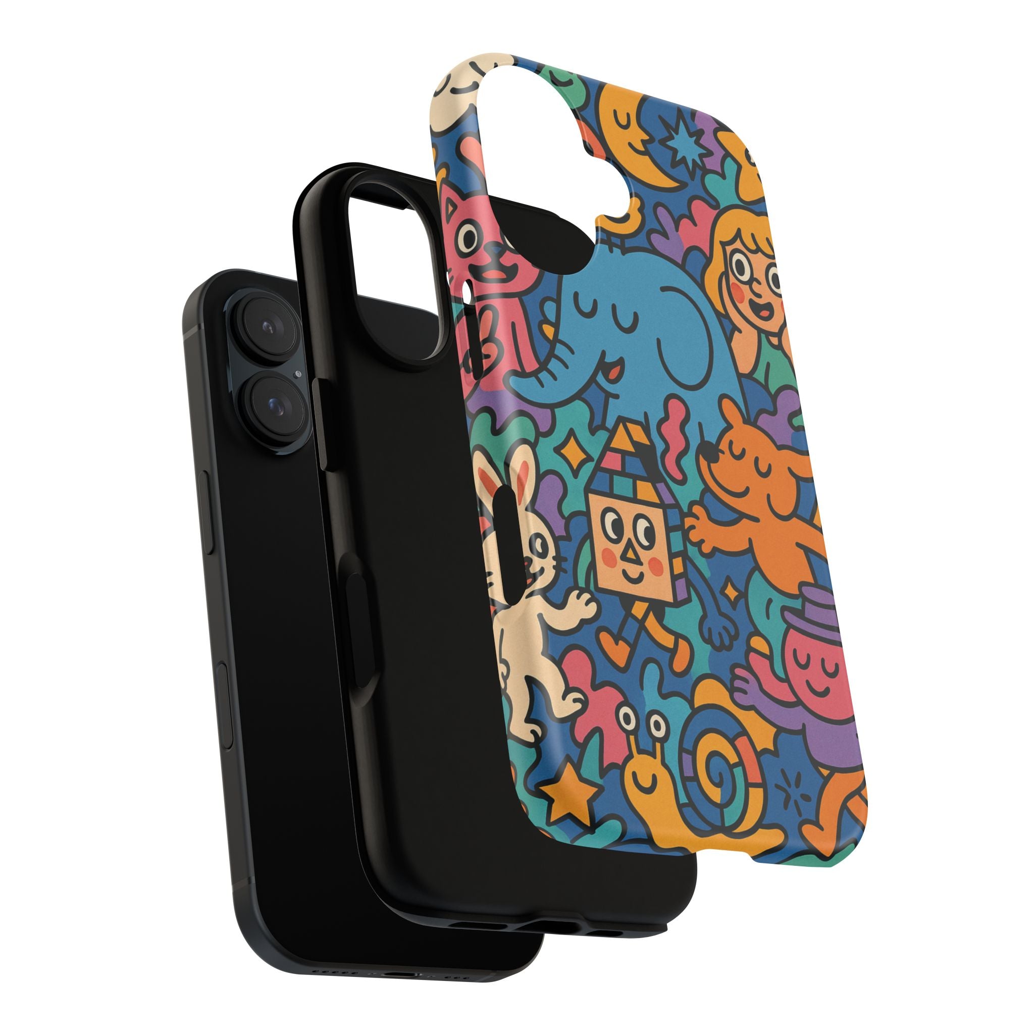 Colorful Doodle Phone Case — Cute Cartoon Animals & Characters
