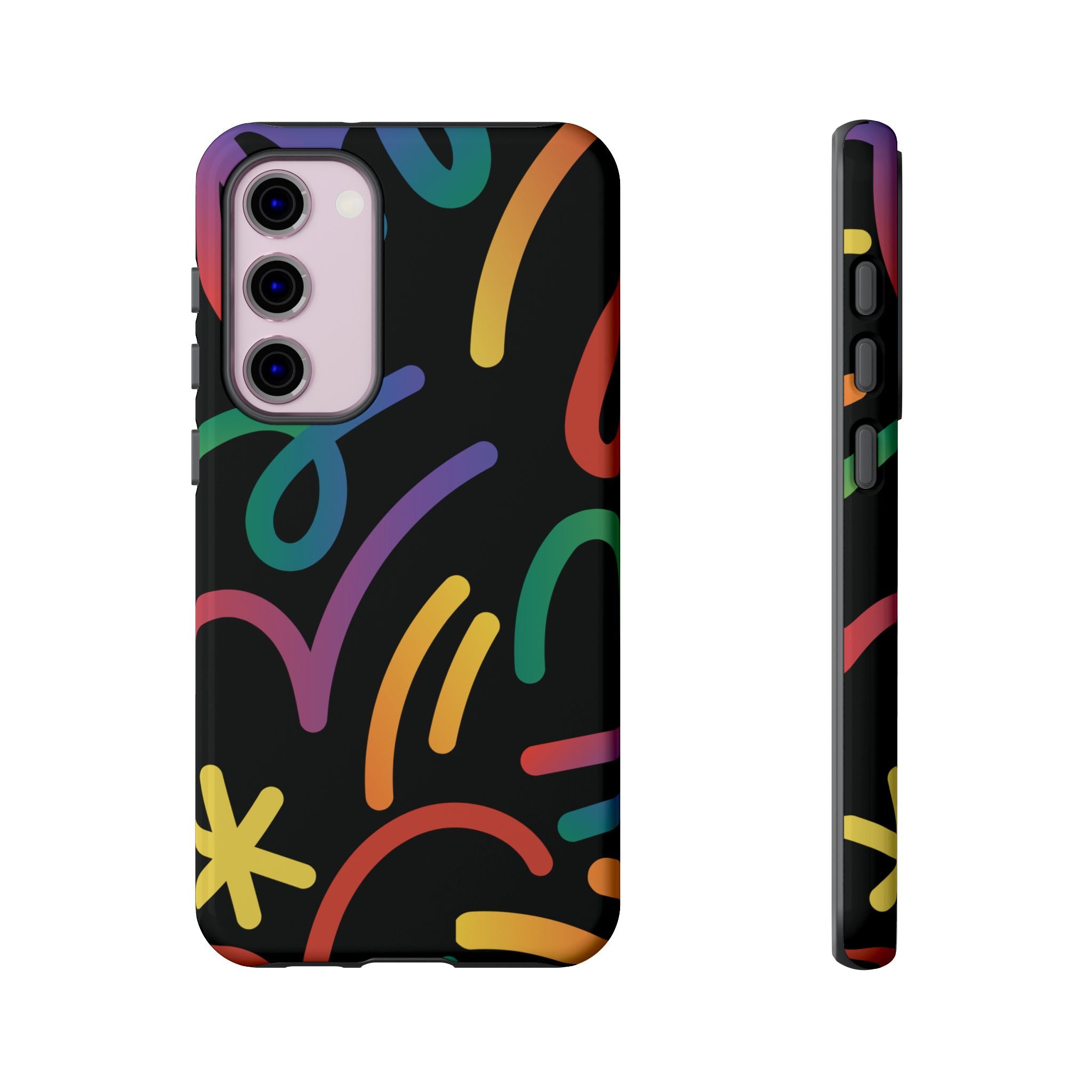 Colorful Doodle Tough Phone Case — Black Background Protective Cover