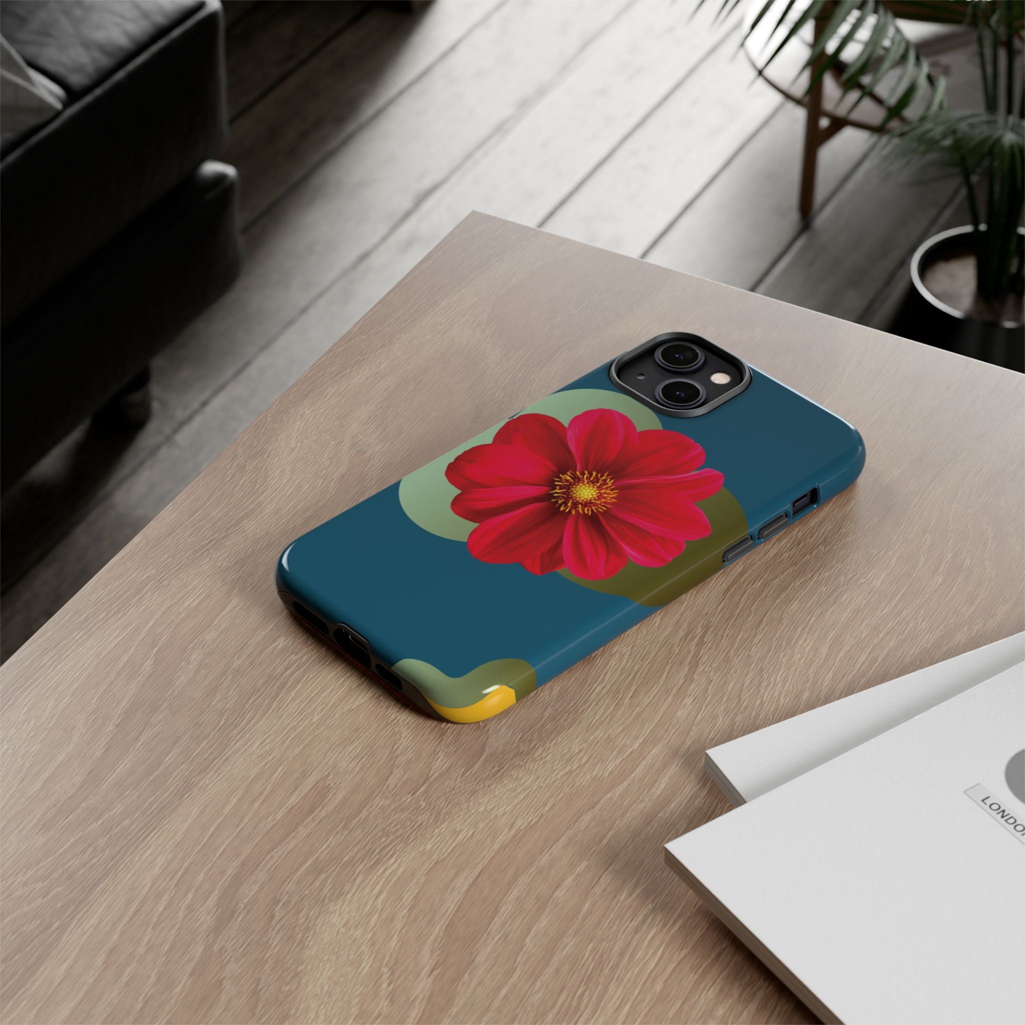 Floral Burst Tough Phone Case — Red Flower on Teal Protective Cover
