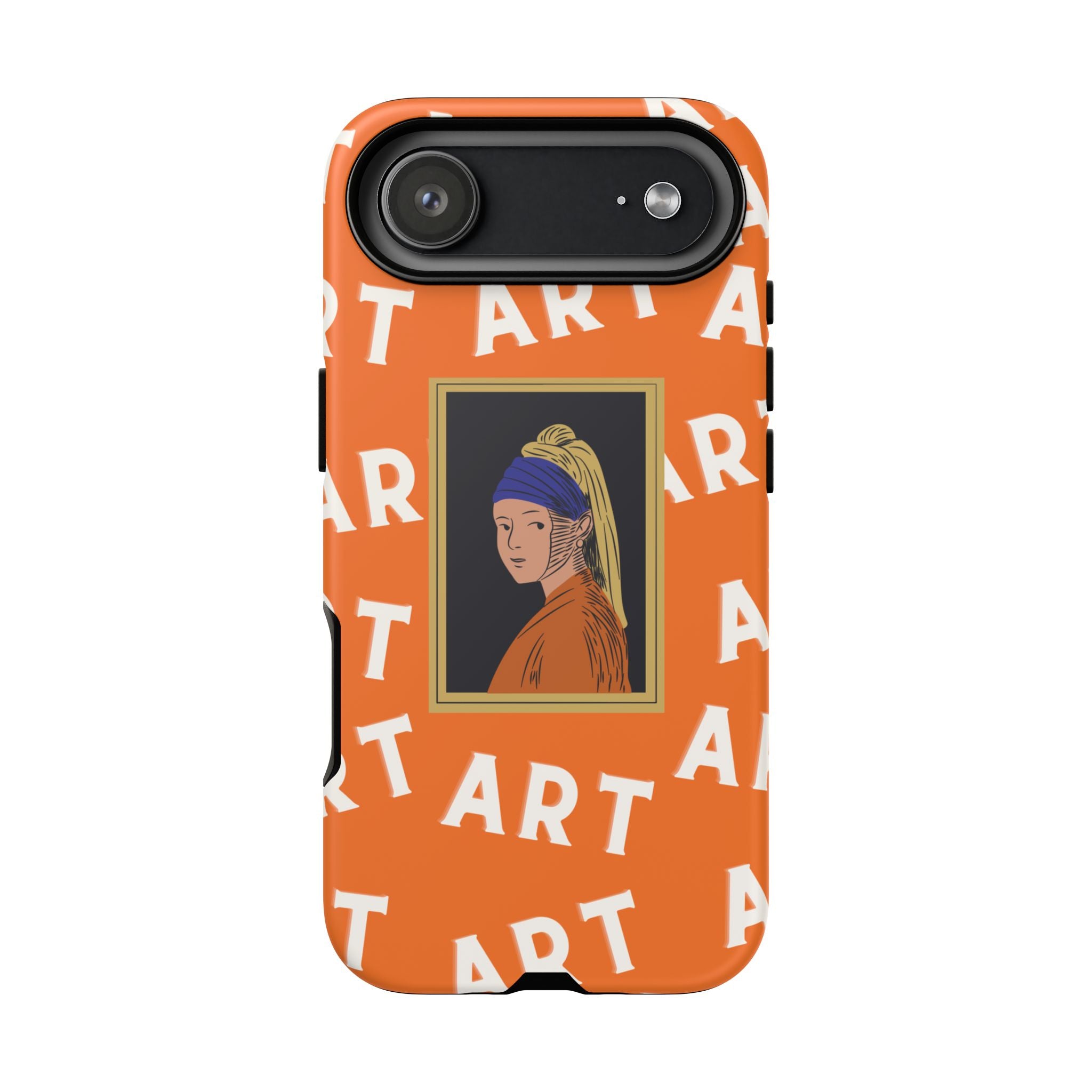 Bold Orange "ART" Pattern with Framed Girl with Pearl Earring Illustration