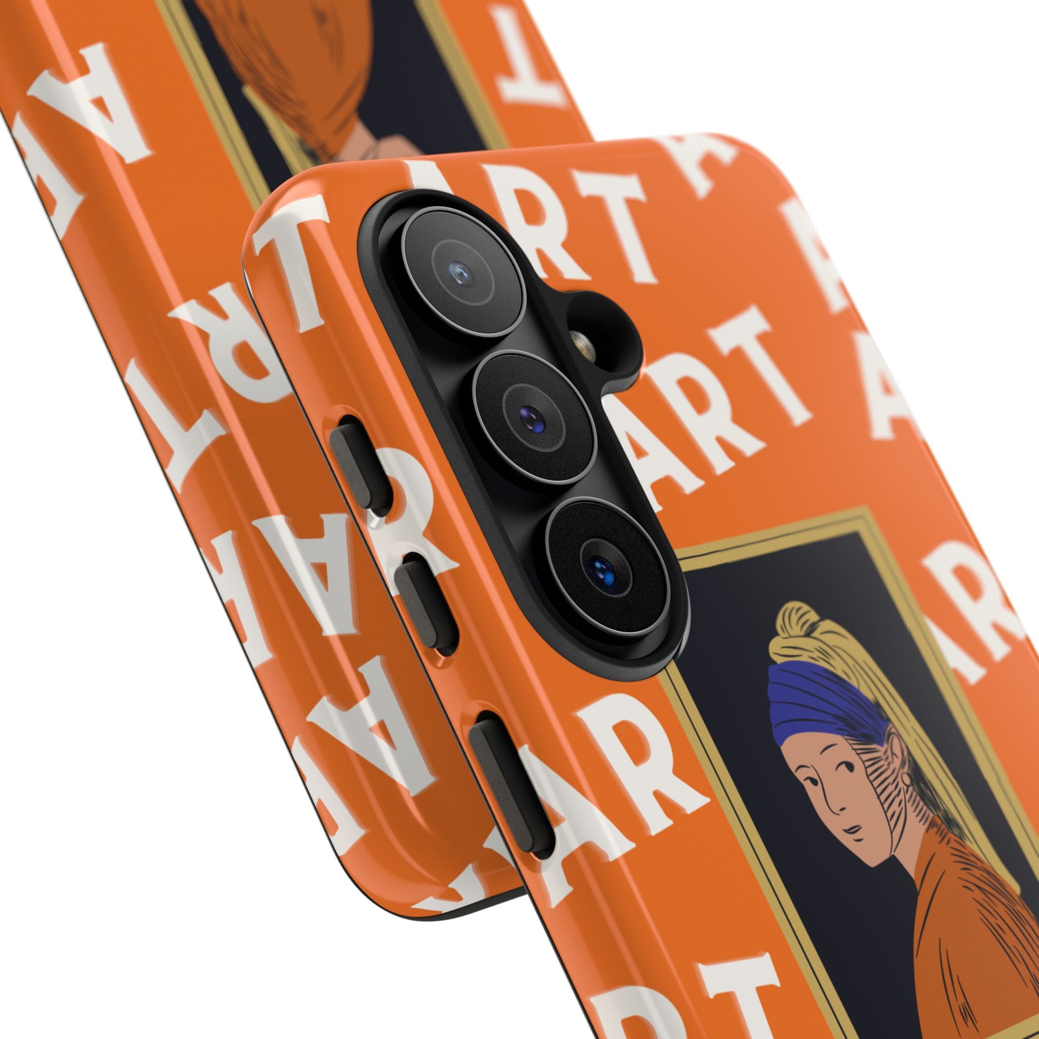 Bold Orange "ART" Pattern with Framed Girl with Pearl Earring Illustration