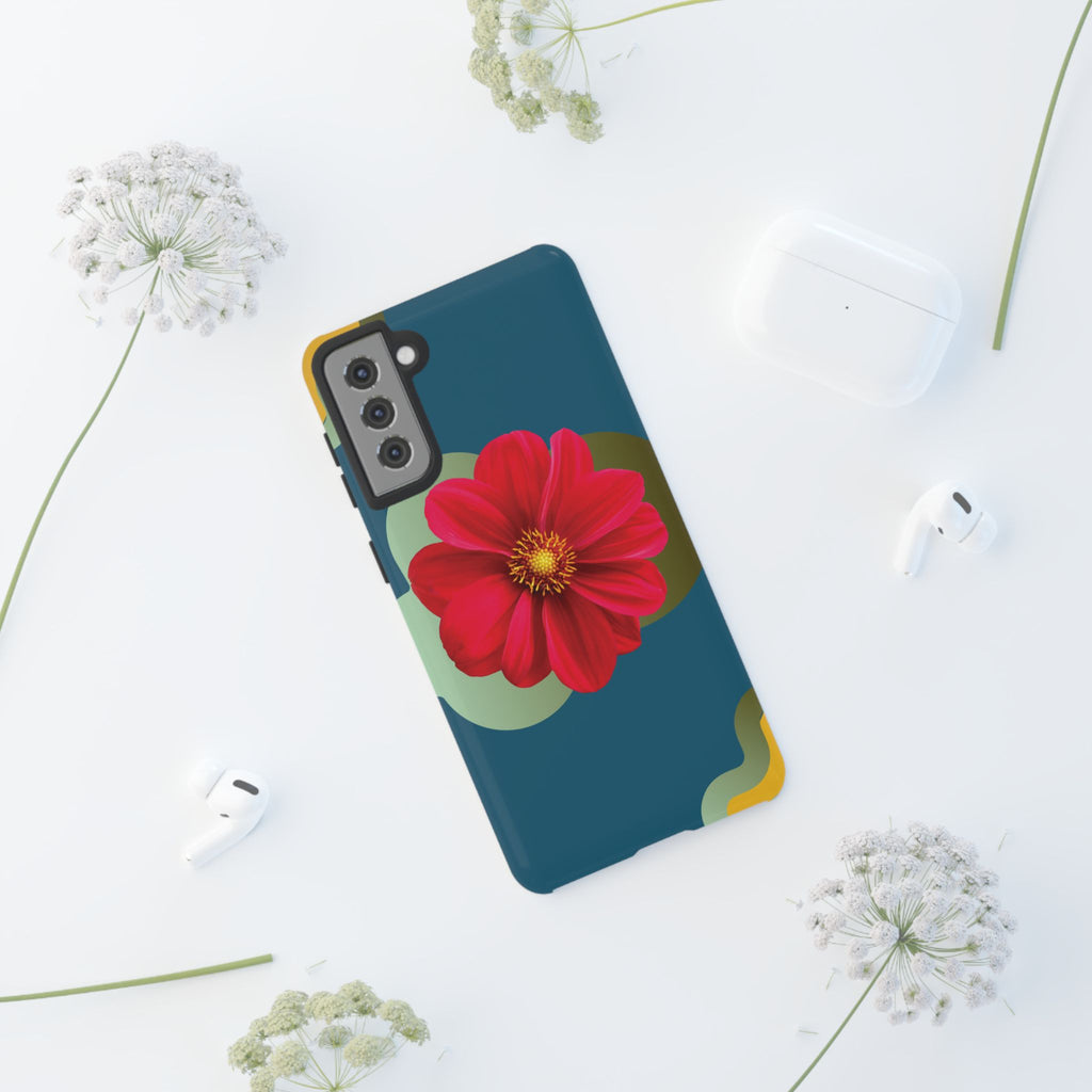 Floral Burst Tough Phone Case — Red Flower on Teal Protective Cover