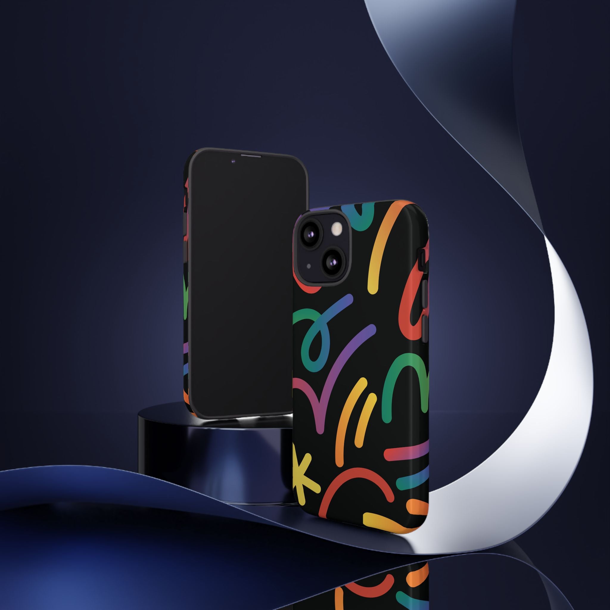 Colorful Doodle Tough Phone Case — Black Background Protective Cover