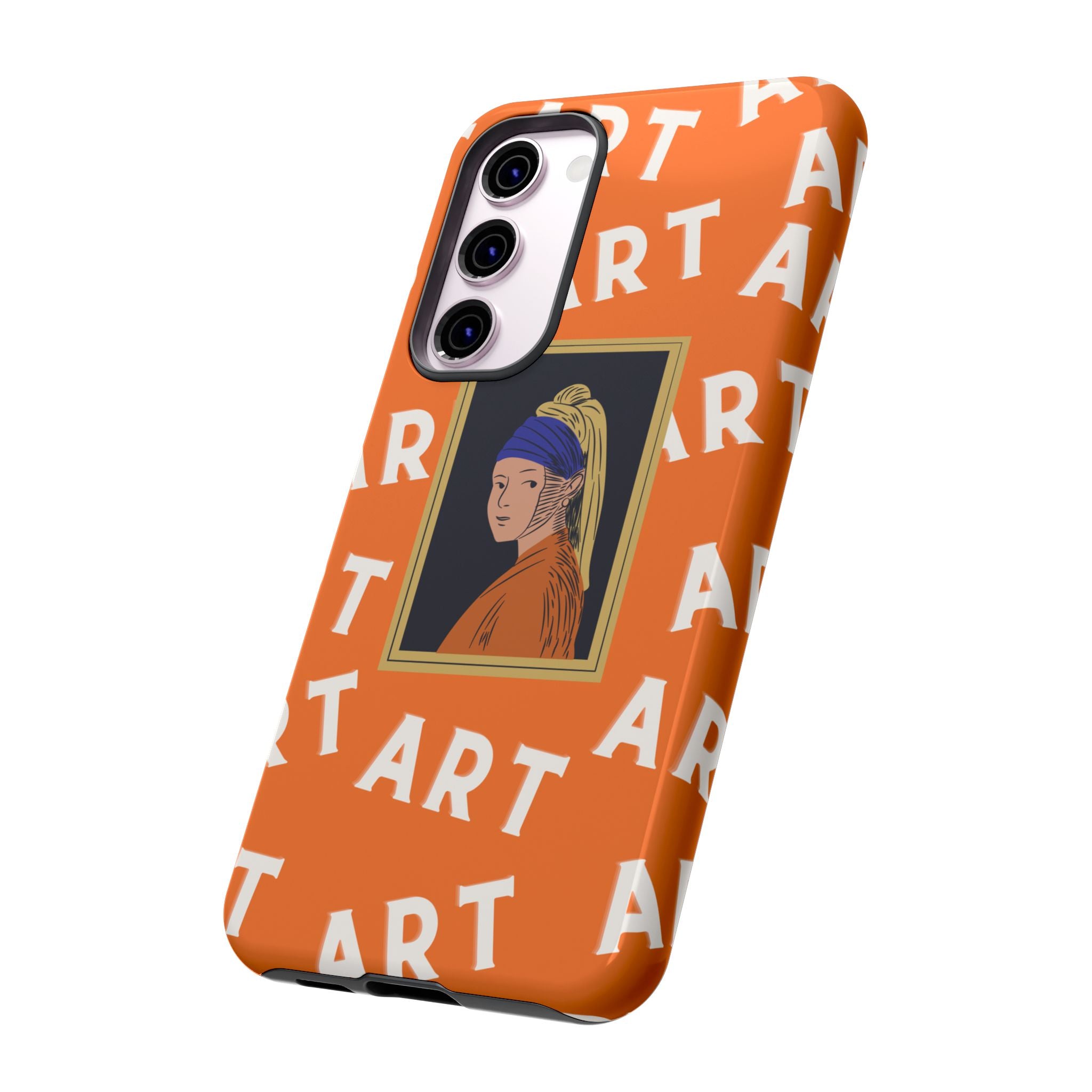 Bold Orange "ART" Pattern with Framed Girl with Pearl Earring Illustration