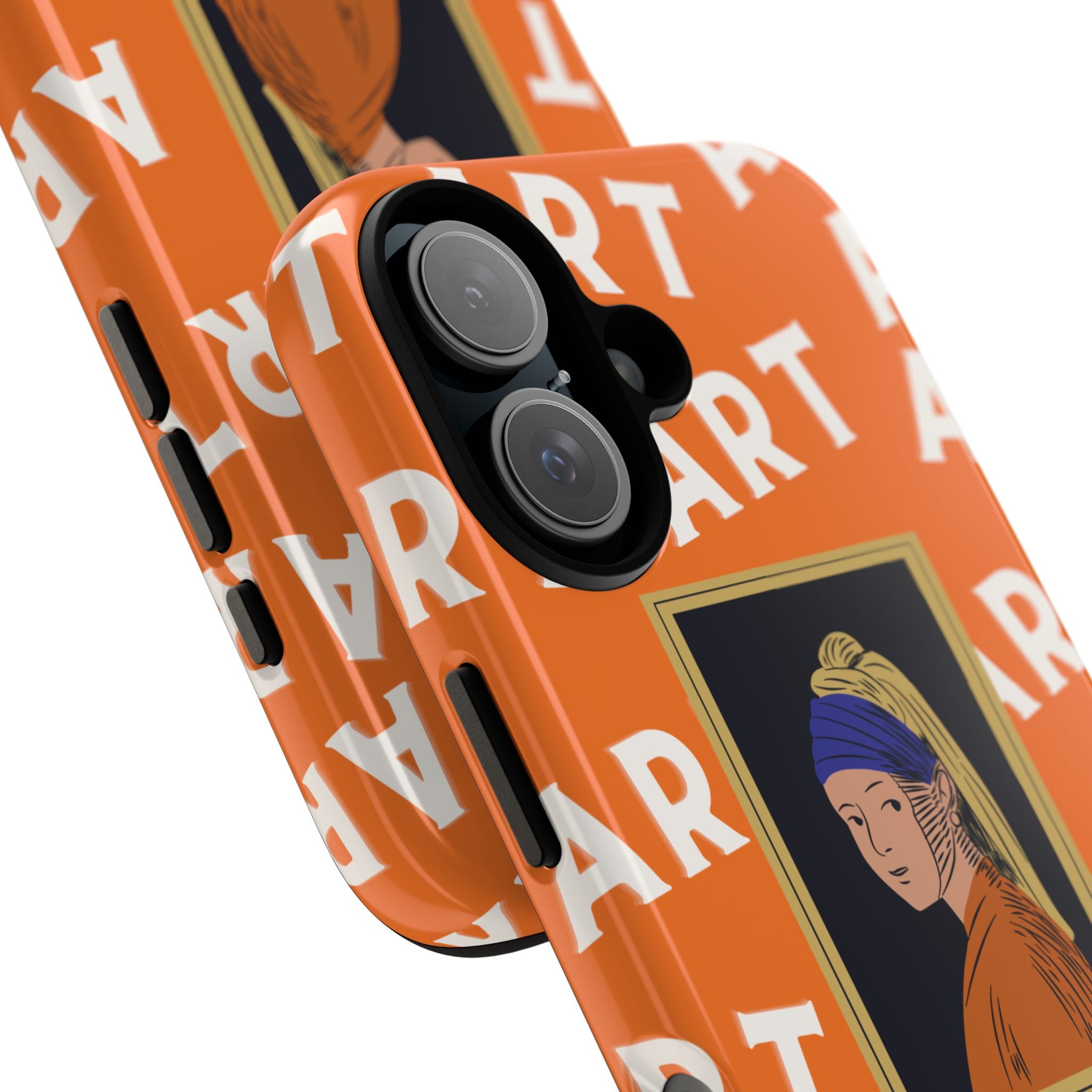Bold Orange "ART" Pattern with Framed Girl with Pearl Earring Illustration