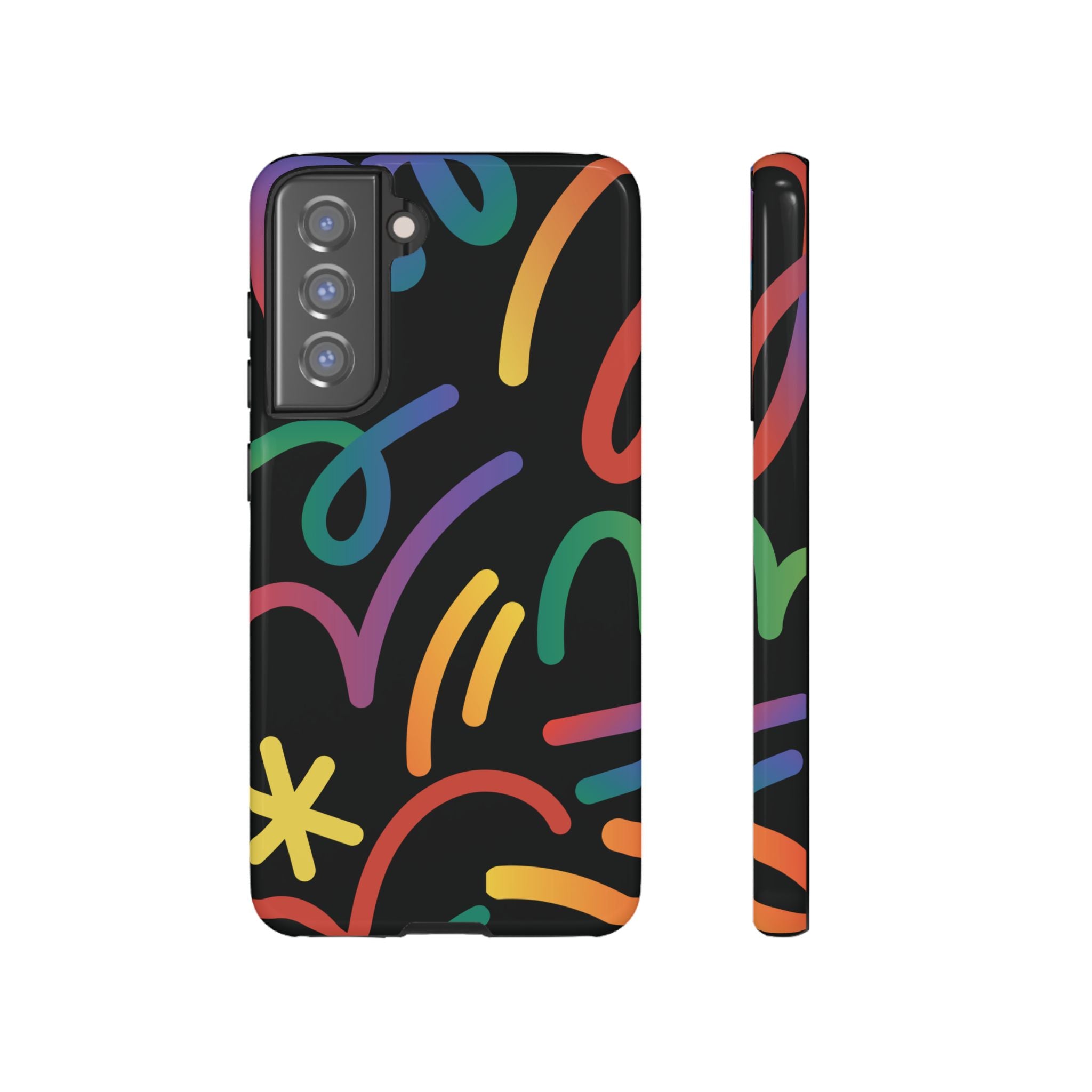 Colorful Doodle Tough Phone Case — Black Background Protective Cover