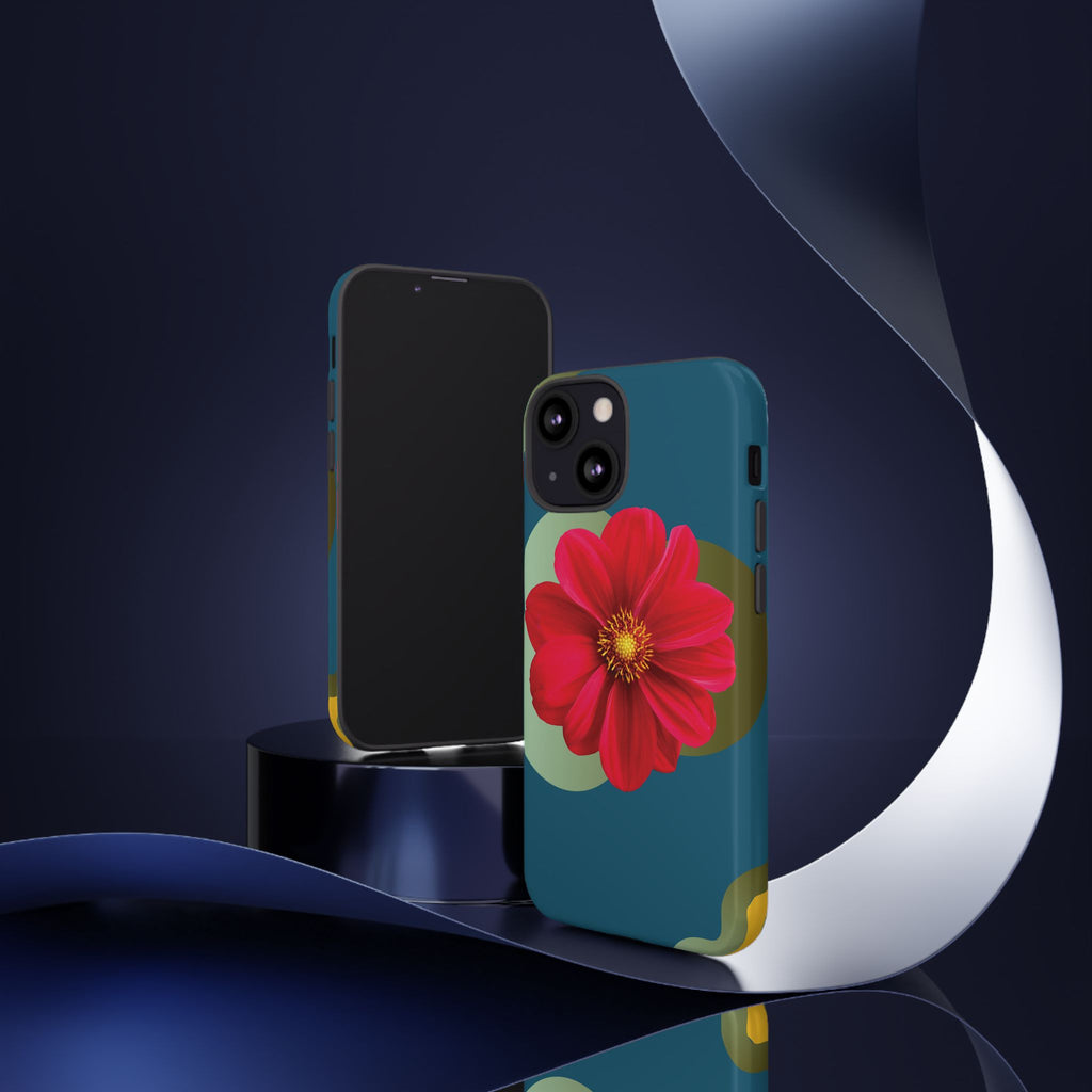 Floral Burst Tough Phone Case — Red Flower on Teal Protective Cover