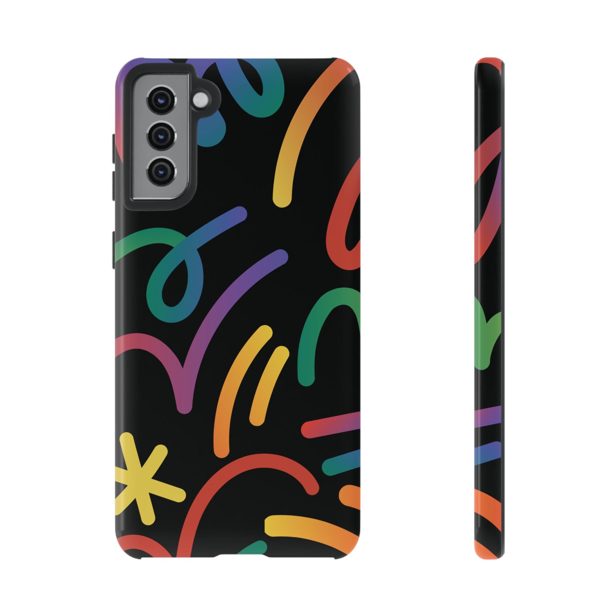 Colorful Doodle Tough Phone Case — Black Background Protective Cover