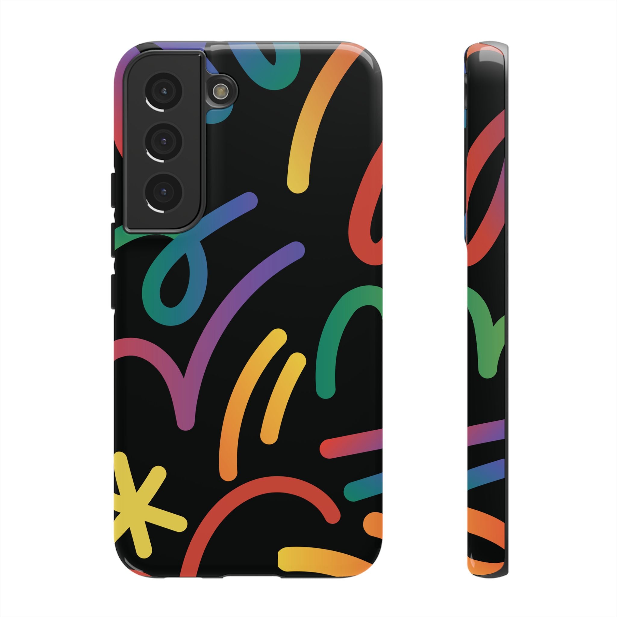 Colorful Doodle Tough Phone Case — Black Background Protective Cover