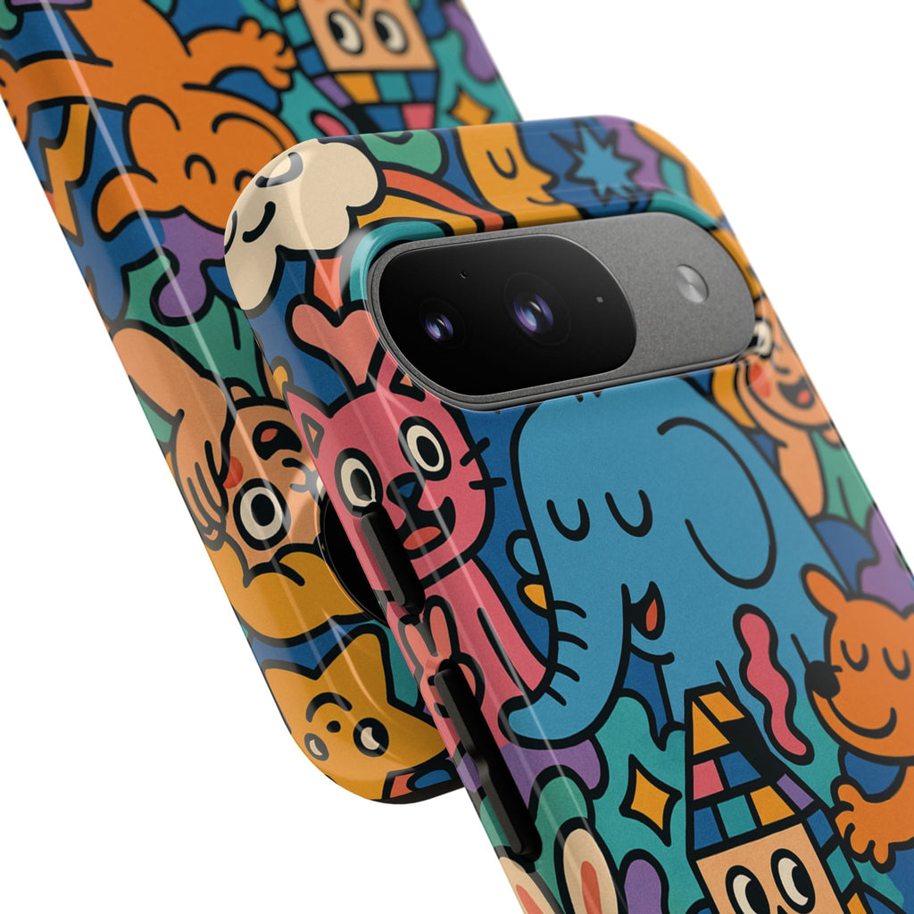 Colorful Doodle Phone Case — Cute Cartoon Animals & Characters