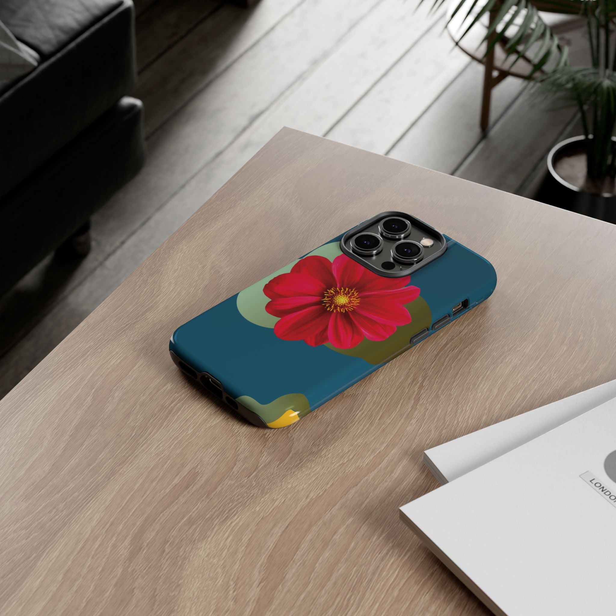 Floral Burst Tough Phone Case — Red Flower on Teal Protective Cover