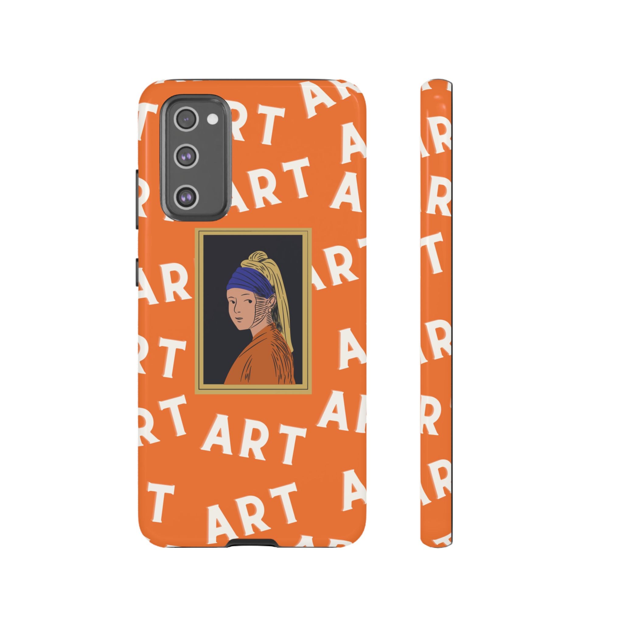Bold Orange "ART" Pattern with Framed Girl with Pearl Earring Illustration