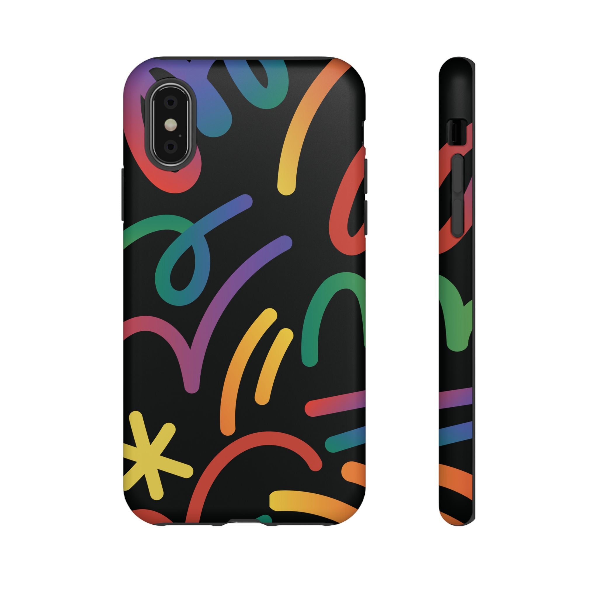Colorful Doodle Tough Phone Case — Black Background Protective Cover