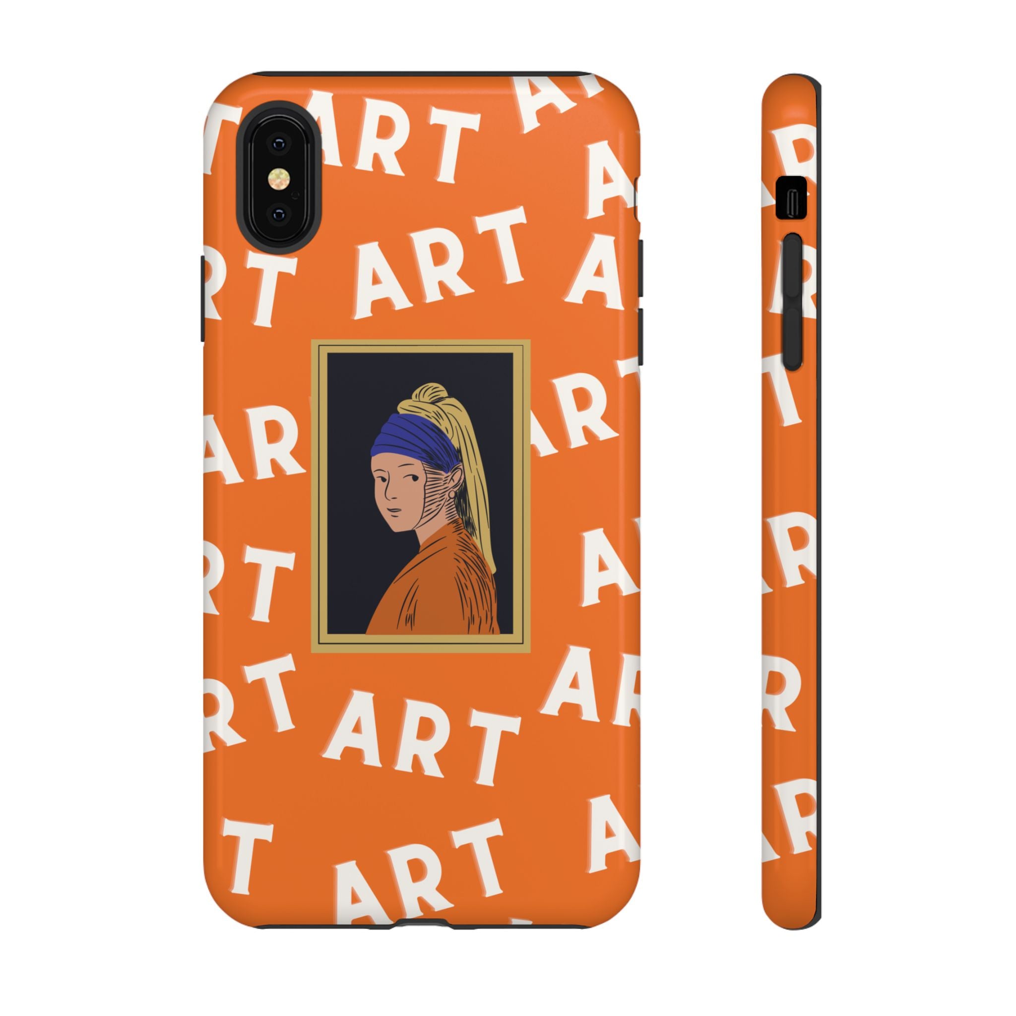 Bold Orange "ART" Pattern with Framed Girl with Pearl Earring Illustration