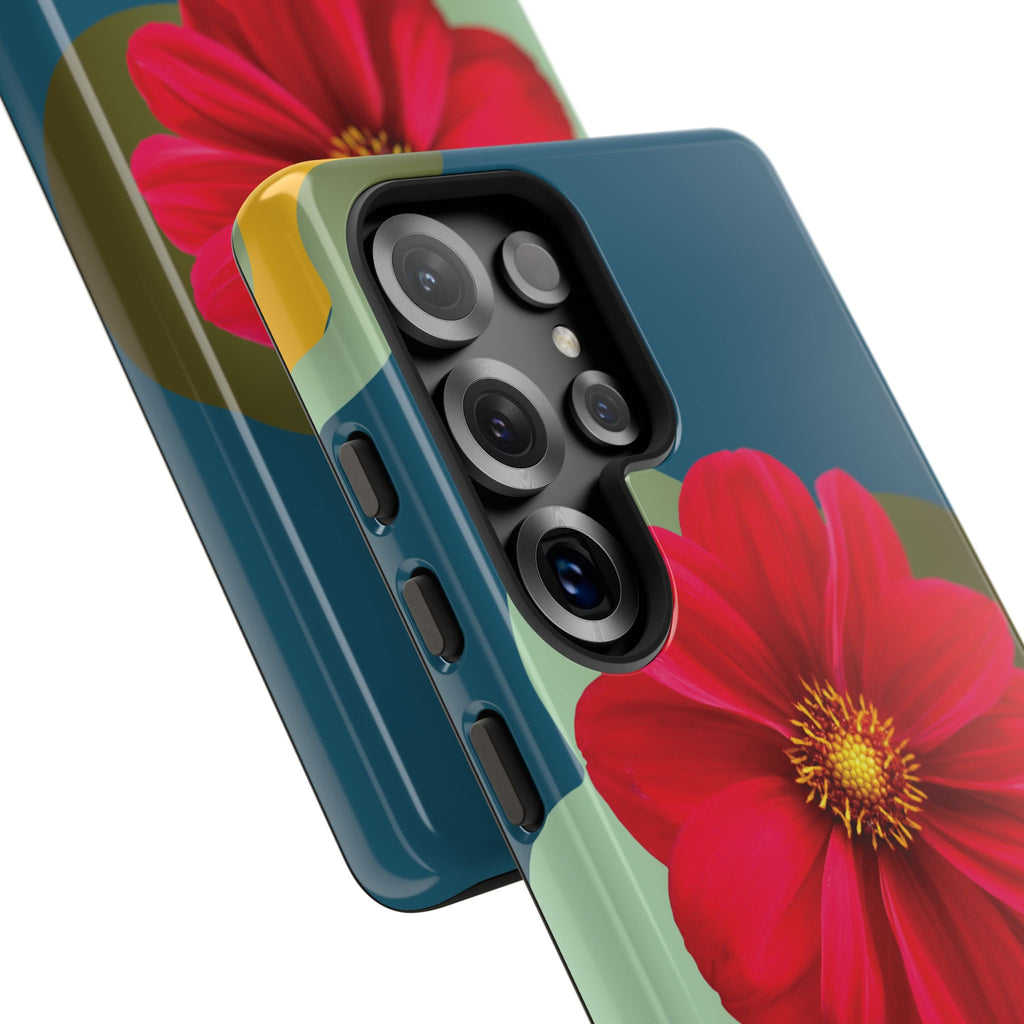 Floral Burst Tough Phone Case — Red Flower on Teal Protective Cover