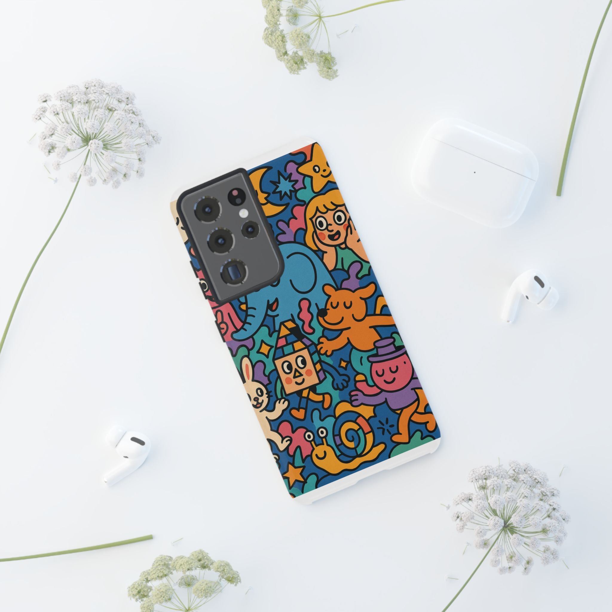 Colorful Doodle Phone Case — Cute Cartoon Animals & Characters